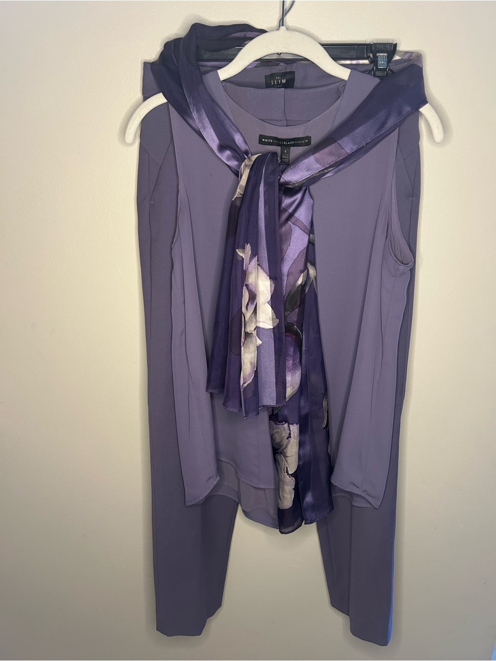 White House Black Market Lavender and Purple Pantsuit with Floral Scarf
